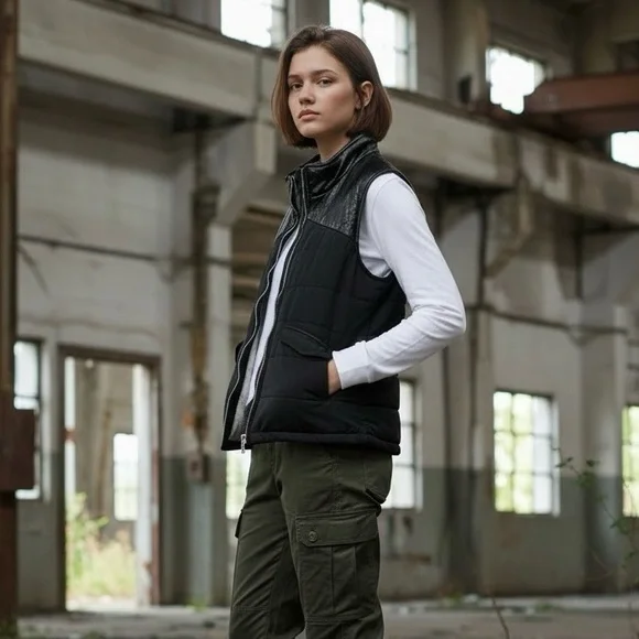 🖤 City Chic: Monrow Flatiron Puffer Vest w/ Faux Leather Trim – NWT Size S 🖤 - Picture 2 of 11